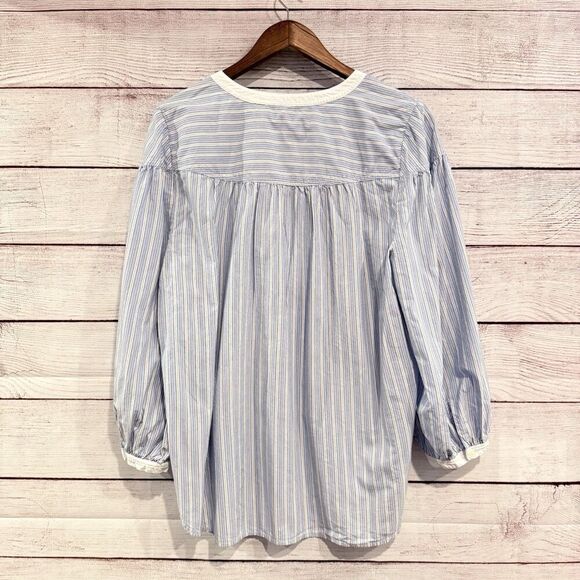 LOFT Striped Popover Blouse Size XL Blue White Split Neck 3/4 Sleeve Cotton Top - Picture 3 of 10